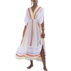 Lemlem Mokati Plunge Neck Dress/Cover Up in Lemon Zest Stripes